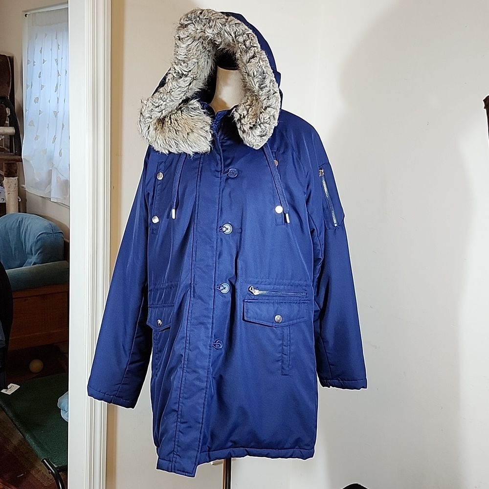 Swiss Tech Navy Blue Heavy Duty Coat/Jacket w/Faux Fur Hood, Pockets, 16/18 XL